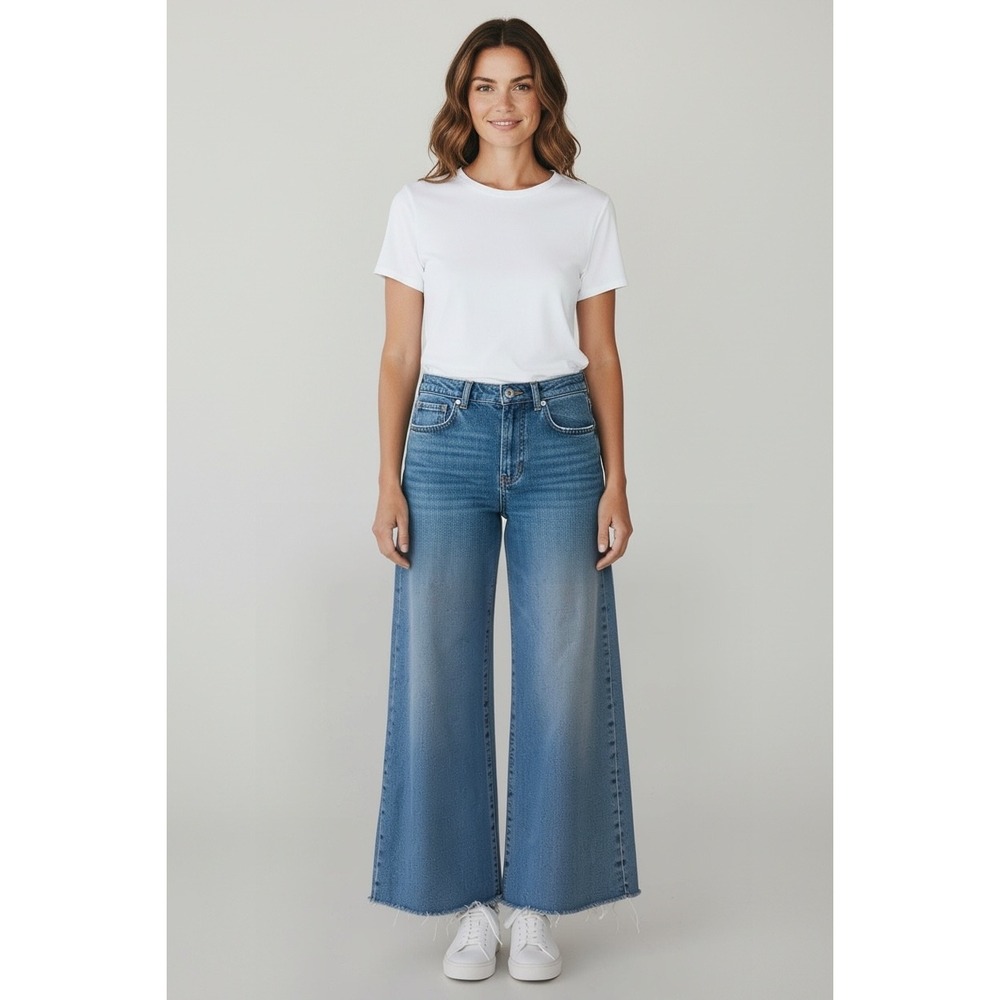 Banana Republic High-Rise Wide Leg Crop Jeans Blue Raw Hem Premium Denim 26